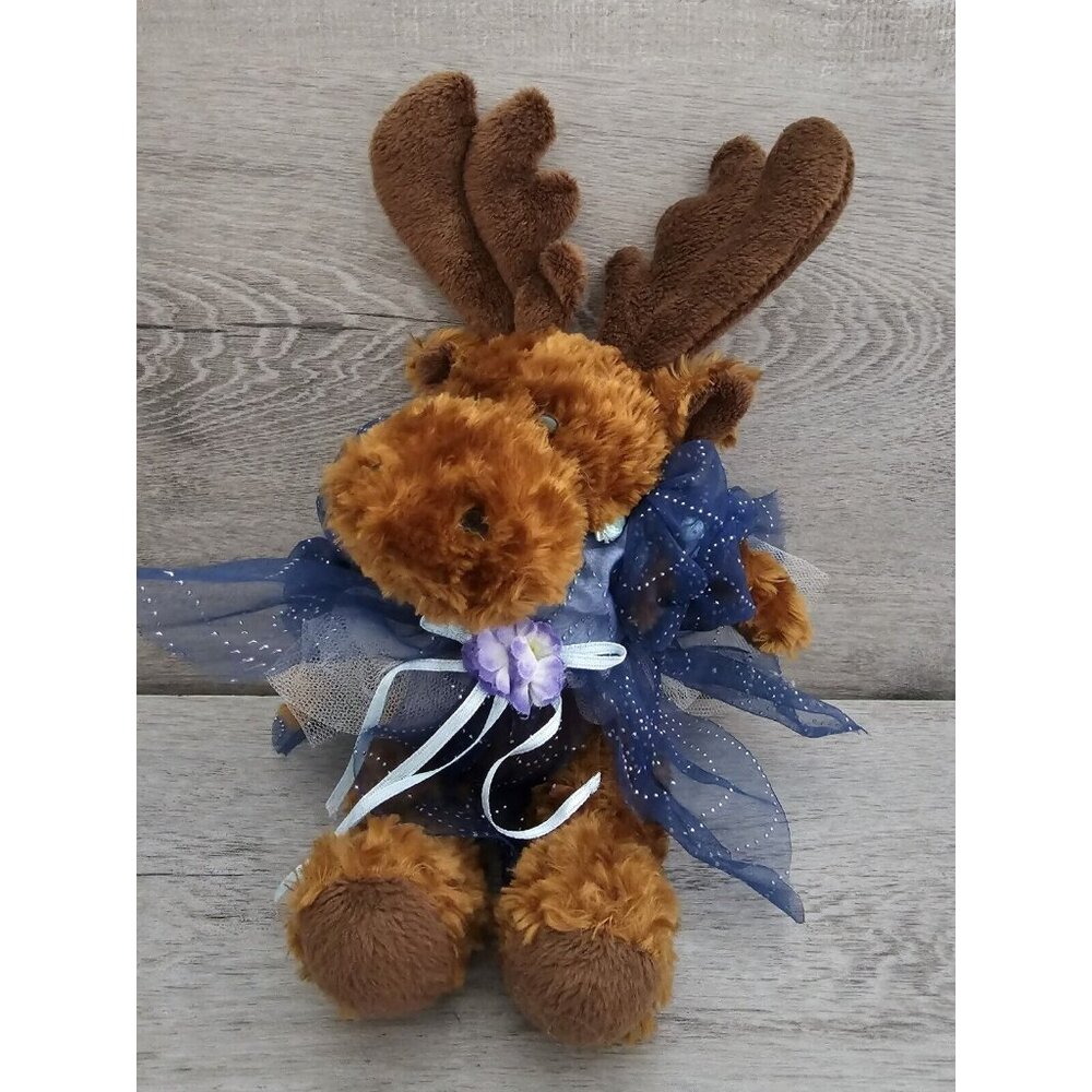 Vtg 10" Plush SHAGGY Moose Stuffed Animal Woodland Blue Sparkle Dress RARE